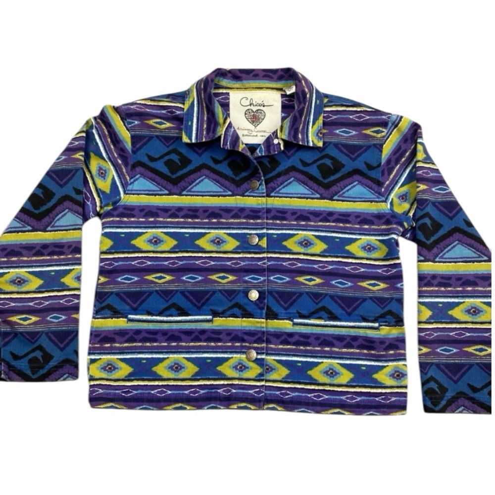 Chicos Anniversary Collection Southwestern Aztec Denim Jacket | Chicos Size 1